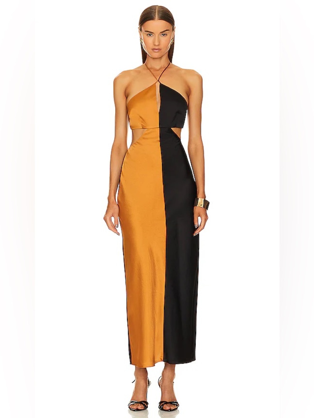 Significant Other One-Shoulder Colorblock Maxi Dress in Gold & Black NWT